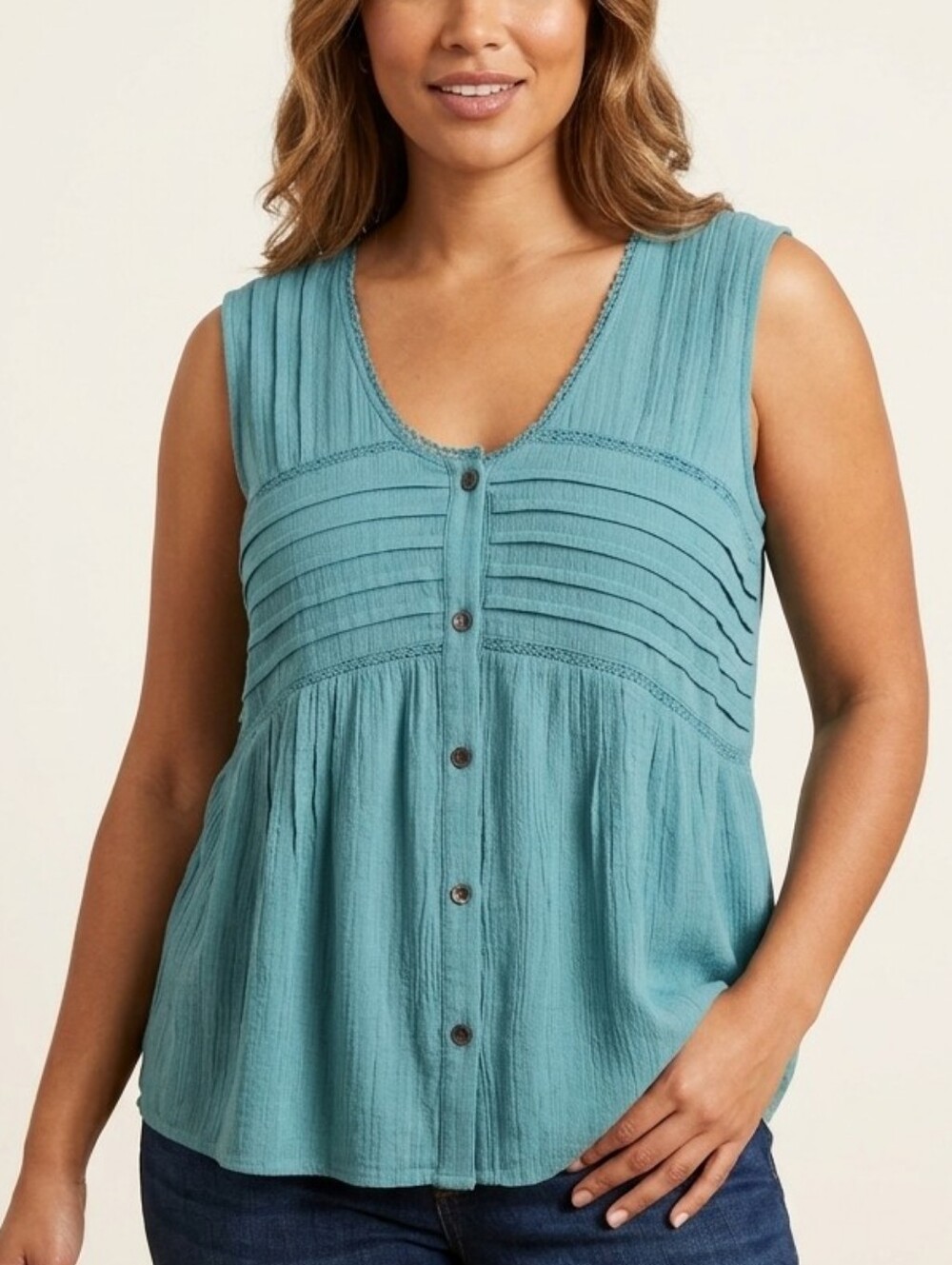 J. Jill Teal Sleeveless Button-Front Pintuck Top